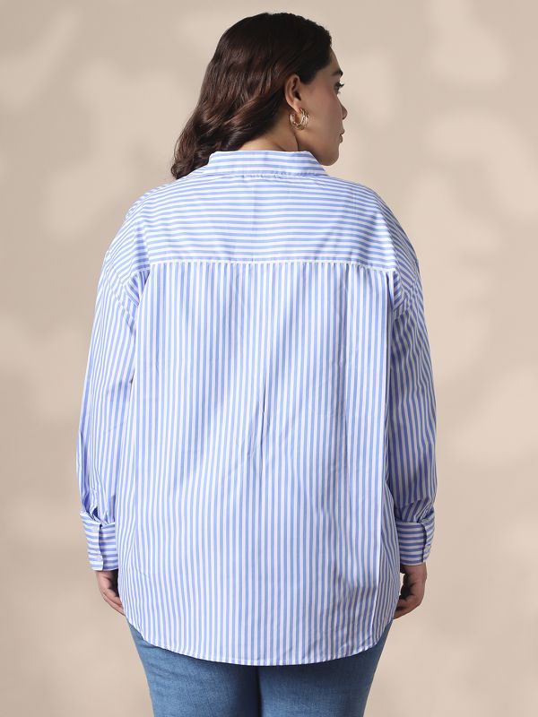 Globus Gloplus Women Blue Collared Neck Cuffed Sleeves Striped Curved Hemline Oversize Workwear Plus Size Shirt