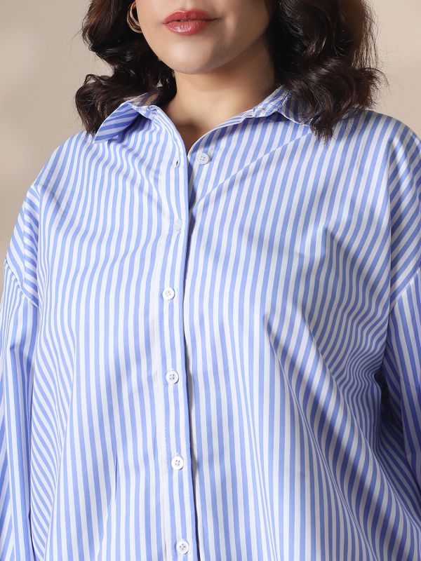 Globus Gloplus Women Blue Collared Neck Cuffed Sleeves Striped Curved Hemline Oversize Workwear Plus Size Shirt