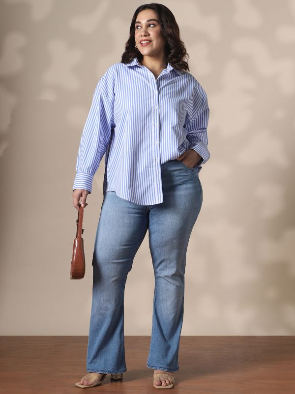 Globus Gloplus Women Blue Collared Neck Cuffed Sleeves Striped Curved Hemline Oversize Workwear Plus Size Shirt