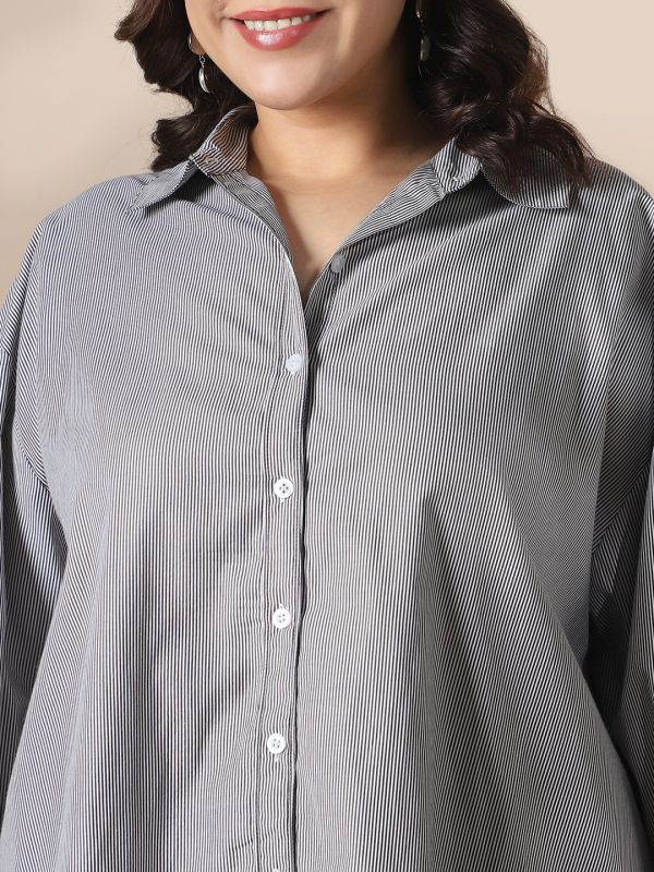 Globus Gloplus Women Black Collared Neck Cuffed Sleeves Striped Curved Hemline Oversize Workwear Plus Size Shirt