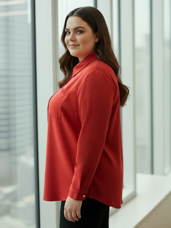 Globus Gloplus Women Red Collared Neck Cuffed Sleeves Chest Pocket Solid Curved Hem Oversized Plus Size Workwear Shirt