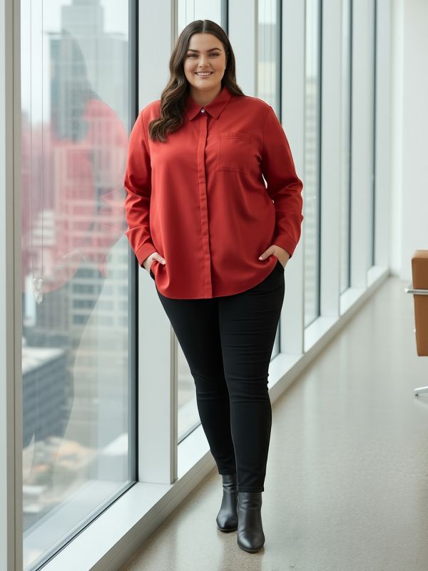 Globus Gloplus Women Red Collared Neck Cuffed Sleeves Chest Pocket Solid Curved Hem Oversized Plus Size Workwear Shirt