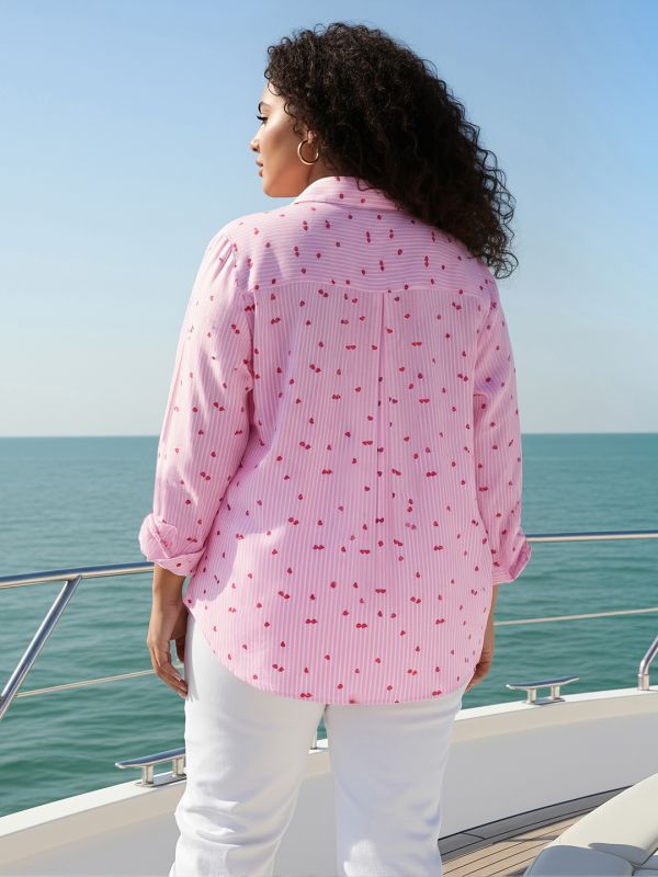 Globus Gloplus Women Pink Collared Neck Cuffed Sleeves Heart & Striped Print Curved Hem Plus Size Shirt