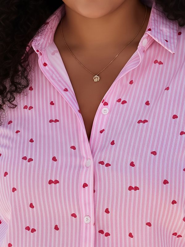 Globus Gloplus Women Pink Collared Neck Cuffed Sleeves Heart & Striped Print Curved Hem Plus Size Shirt