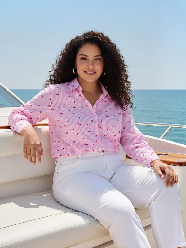 Globus Gloplus Women Pink Collared Neck Cuffed Sleeves Heart & Striped Print Curved Hem Plus Size Shirt
