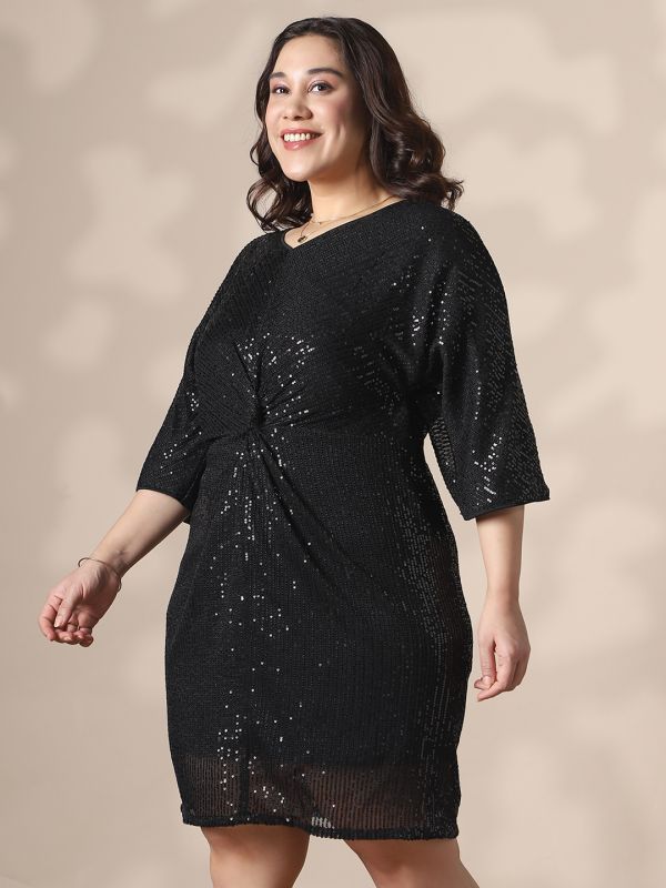 Globus Gloplus Women Black V-Neck Extended Sleeves Twisted Detail Sequinned Mini Sheath Plus size Party Dress
