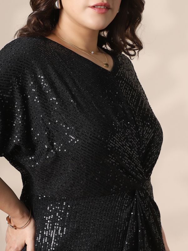 Globus Gloplus Women Black V-Neck Extended Sleeves Twisted Detail Sequinned Mini Sheath Plus size Party Dress