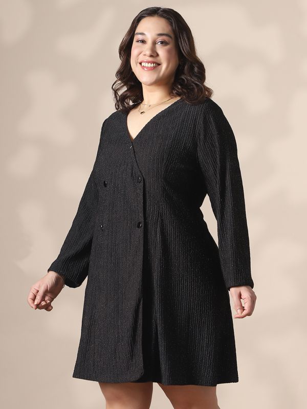 Globus Gloplus Black Self Design Wrap V-Neck Double Breasted Shimmer A-Line Plus Size Mini Dress