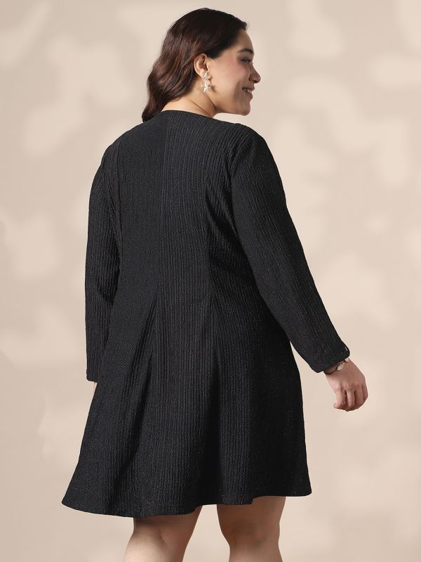 Globus Gloplus Black Self Design Wrap V-Neck Double Breasted Shimmer A-Line Plus Size Mini Dress