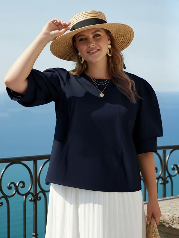 Globus Gloplus Women Navy Blue Puff Sleeves Round Neck Plus Size Shirt Style Workwear Top With Back Button