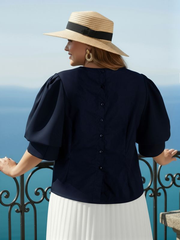 Globus Gloplus Women Navy Blue Puff Sleeves Round Neck Plus Size Shirt Style Workwear Top With Back Button
