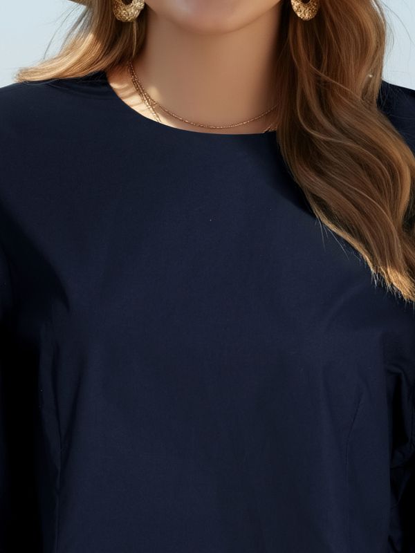 Globus Gloplus Women Navy Blue Puff Sleeves Round Neck Plus Size Shirt Style Workwear Top With Back Button