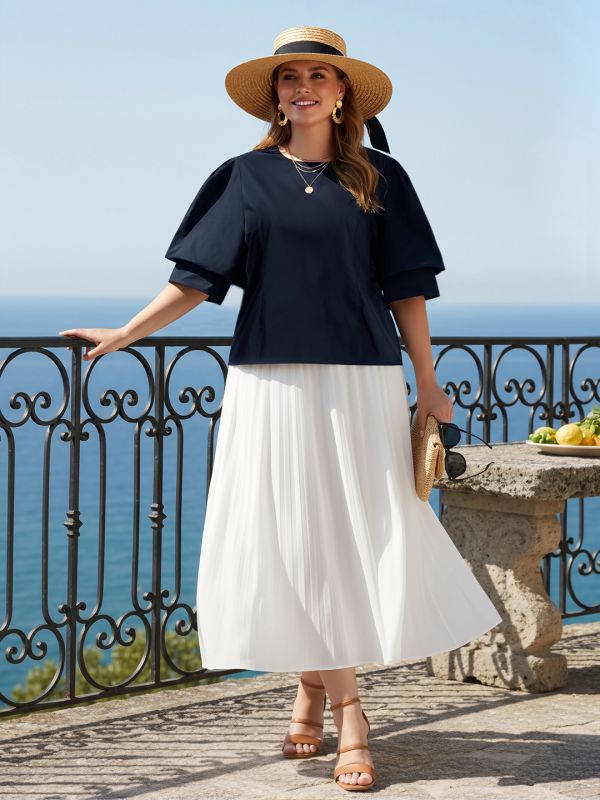Globus Gloplus Women Navy Blue Puff Sleeves Round Neck Plus Size Shirt Style Workwear Top With Back Button