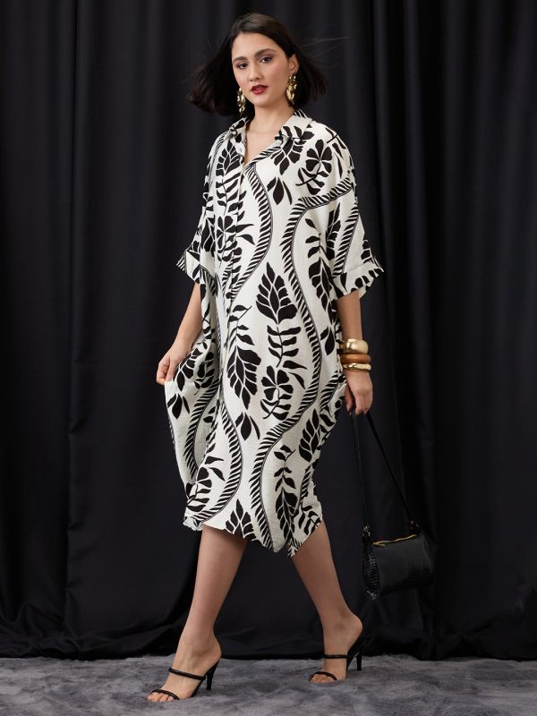 Globus Women White Tropical Print Collared Neck Batwing Sleeves Straight Hem Oversized Fusion Midi Shirt Dress