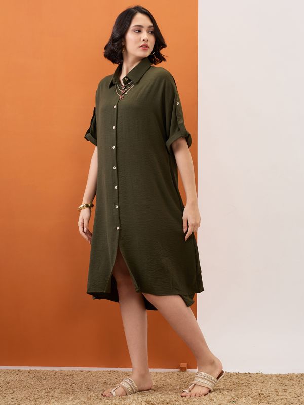 Globus Women Olive Solid Collared Neck Roll-Up Sleeves Curved Hem Midi Shirt Dress