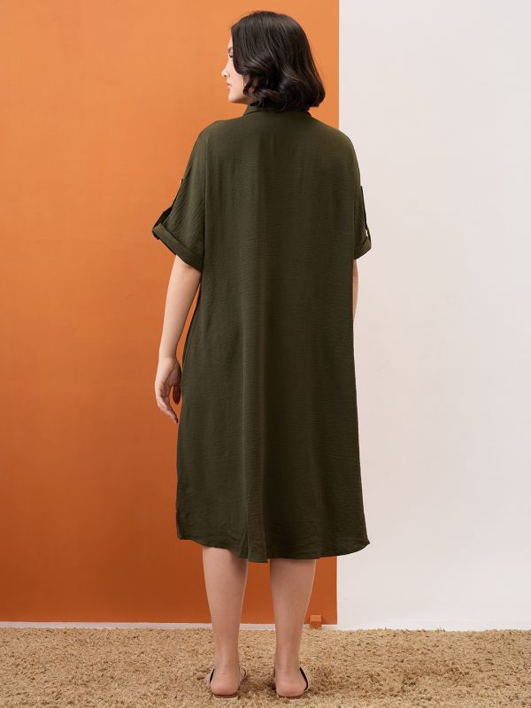 Globus Women Olive Solid Collared Neck Roll-Up Sleeves Curved Hem Midi Shirt Dress