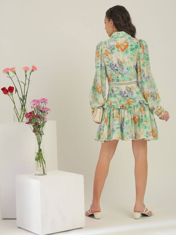 Globus Women Green Collared Neck Cuffed Puff Sleeves Floral Print Lace Insert Ruffle Detail Shirt Style A-Line Mini Dress