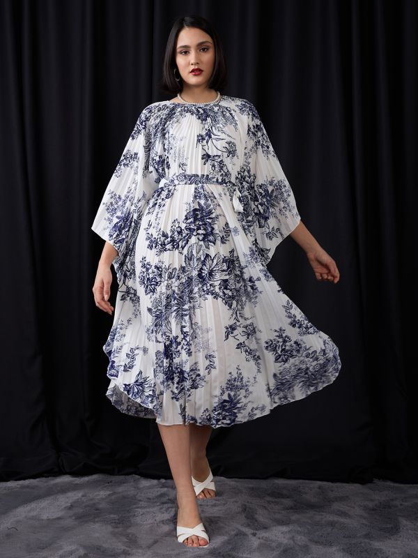 Globus Women Multi Colour Gathered Floral Print Batwing Sleeves Tie-Up Waist Fit & Flare Midi Dress