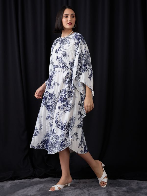 Globus Women Multi Colour Gathered Floral Print Batwing Sleeves Tie-Up Waist Fit & Flare Midi Dress