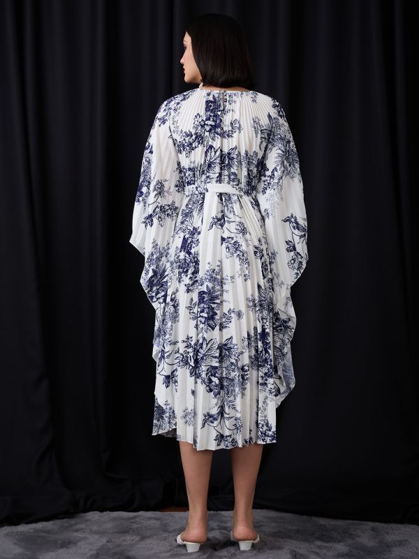Globus Women Multi Colour Gathered Floral Print Batwing Sleeves Tie-Up Waist Fit & Flare Midi Dress