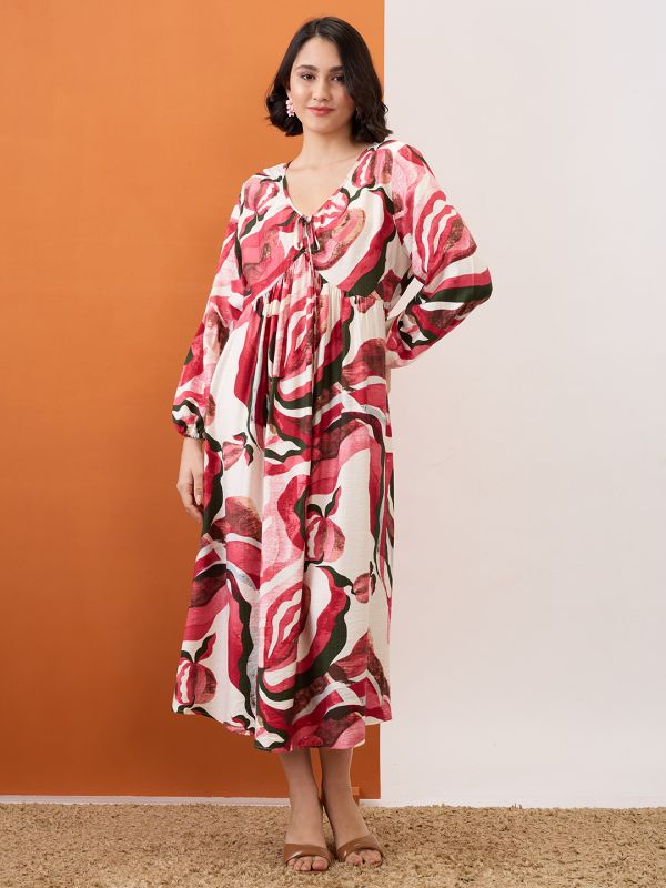 Globus Women Multi Colour V-Neck Bishop Sleeves Abstract Print Tie-Up Detail Gathered A-Line Midi Dress