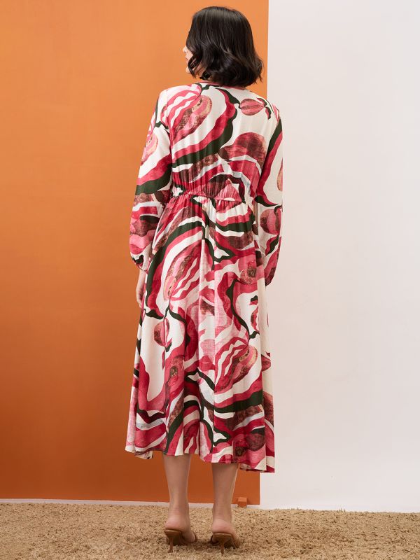 Globus Women Multi Colour V-Neck Bishop Sleeves Abstract Print Tie-Up Detail Gathered A-Line Midi Dress