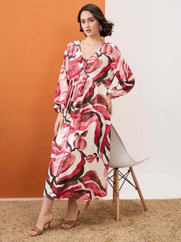 Globus Women Multi Colour V-Neck Bishop Sleeves Abstract Print Tie-Up Detail Gathered A-Line Midi Dress