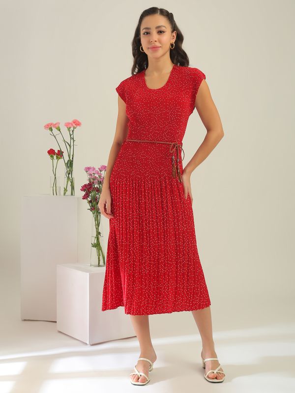 Globus Women Red Round Neck Extended Sleeves Polka Dots Accordion Pleats A-Line Midi Dress With Dori