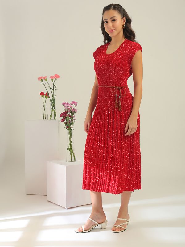 Globus Women Red Round Neck Extended Sleeves Polka Dots Accordion Pleats A-Line Midi Dress With Dori