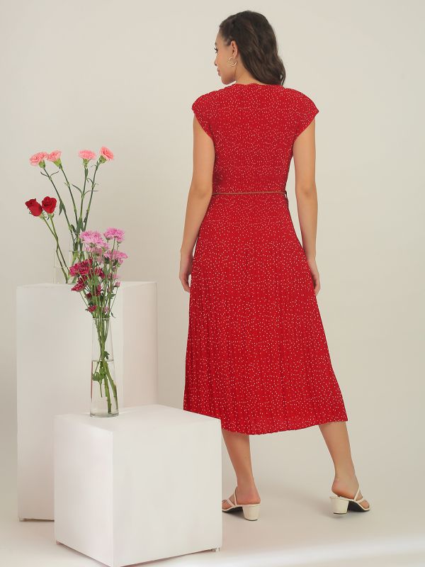 Globus Women Red Round Neck Extended Sleeves Polka Dots Accordion Pleats A-Line Midi Dress With Dori