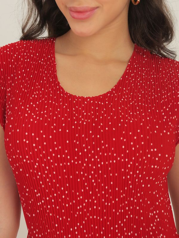 Globus Women Red Round Neck Extended Sleeves Polka Dots Accordion Pleats A-Line Midi Dress With Dori