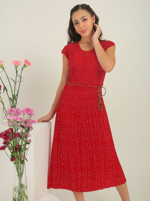 Globus Women Red Round Neck Extended Sleeves Polka Dots Accordion Pleats A-Line Midi Dress With Dori