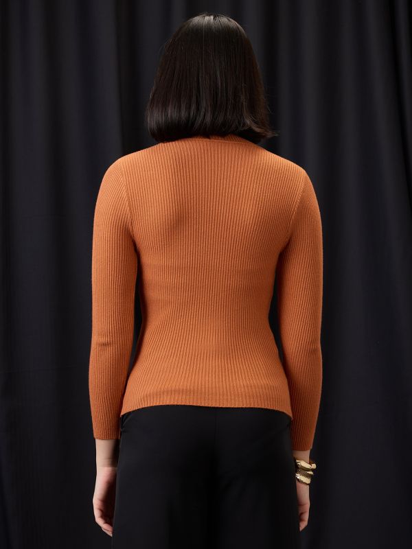 Globus Women Rust High Neck Long Sleeves Flat Knit Ribbed Winter Wear Pullover Sweater