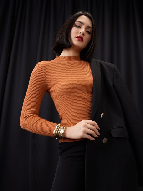 Globus Women Rust High Neck Long Sleeves Flat Knit Ribbed Winter Wear Pullover Sweater
