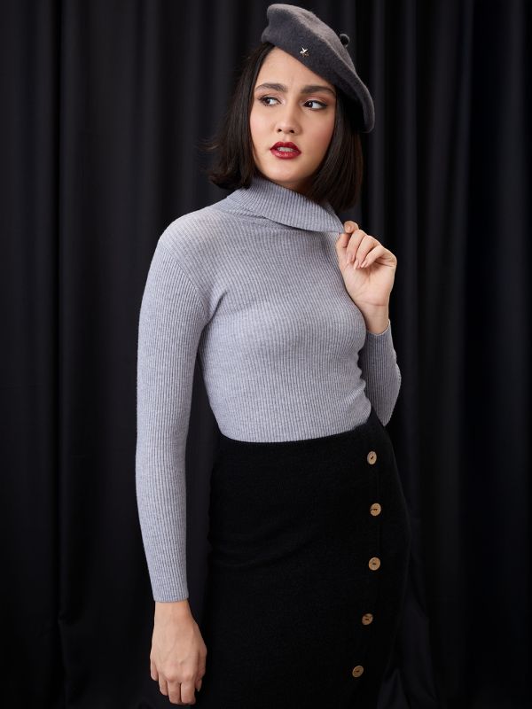 Globus Women Grey Melange Turtle Neck Long Sleeves Flat Knit Ribbed Winter Wear Pullover Sweater