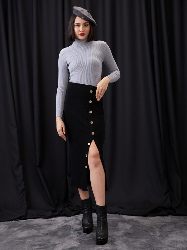 Globus Women Grey Melange Turtle Neck Long Sleeves Flat Knit Ribbed Winter Wear Pullover Sweater