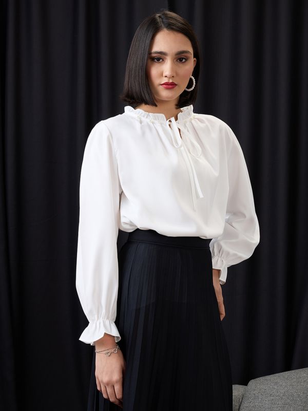 Globus Women White Pearl Detail Frilled Tie-Up Neck Bishop Sleeves Workwear Top