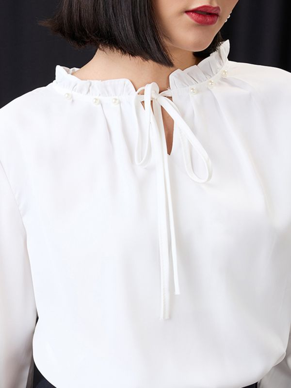 Globus Women White Pearl Detail Frilled Tie-Up Neck Bishop Sleeves Workwear Top