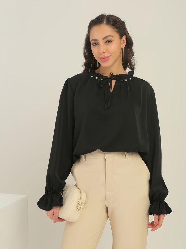 Globus Women Black Pearl Detail Frilled Tie-Up Neck Bishop Sleeves Workwear Top