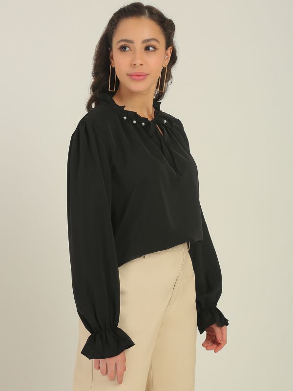 Globus Women Black Pearl Detail Frilled Tie-Up Neck Bishop Sleeves Workwear Top