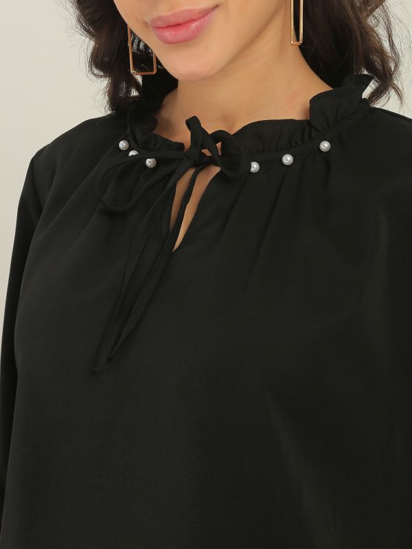Globus Women Black Pearl Detail Frilled Tie-Up Neck Bishop Sleeves Workwear Top