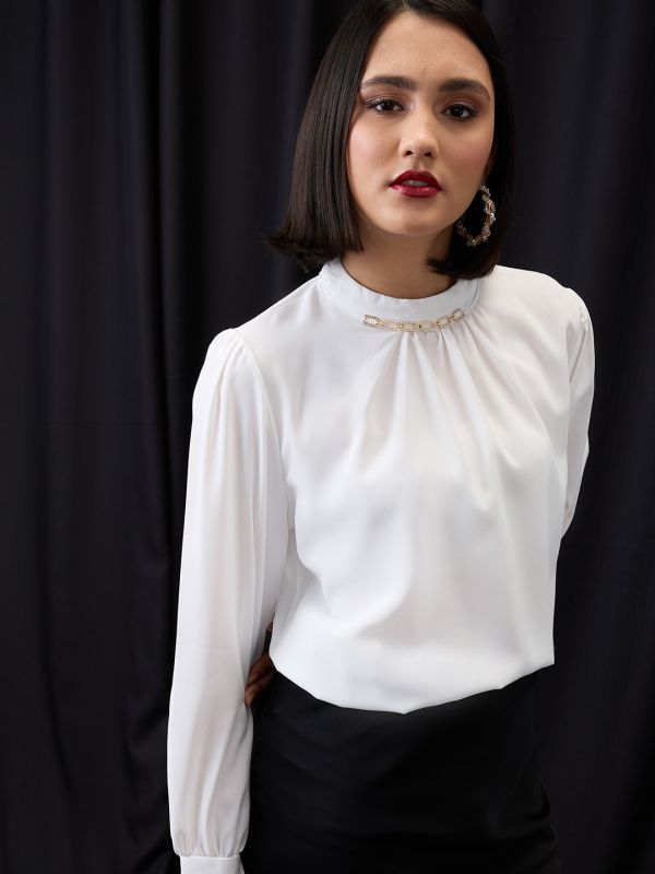 Globus Women White Gold Chain Detail High Neck Cuffed Sleeves Pleated Workwear Top
