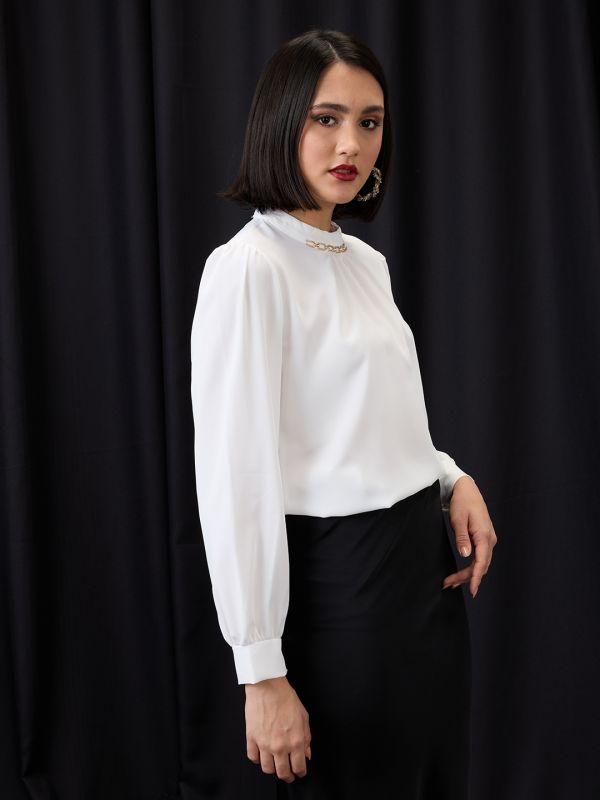 Globus Women White Gold Chain Detail High Neck Cuffed Sleeves Pleated Workwear Top