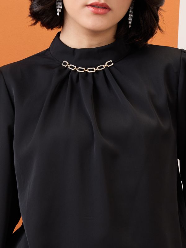 Globus Women Black Gold Chain Detail High Neck Cuffed Sleeves Pleated Workwear Top