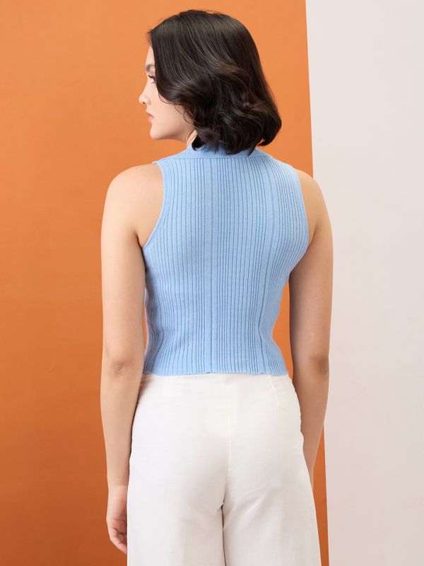 Globus Women Blue Collared Halter Neck Gold Button Detail Flat Knit Ribbed Crop Top