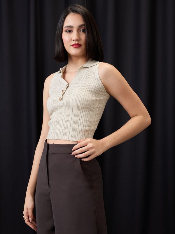 Globus Women Beige Collared Halter Neck Gold Button Detail Flat Knit Ribbed Crop Top