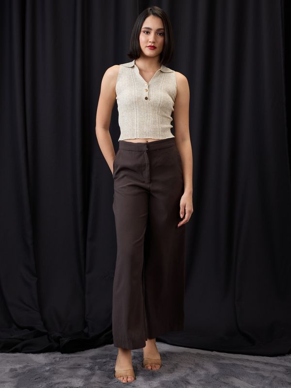 Globus Women Beige Collared Halter Neck Gold Button Detail Flat Knit Ribbed Crop Top