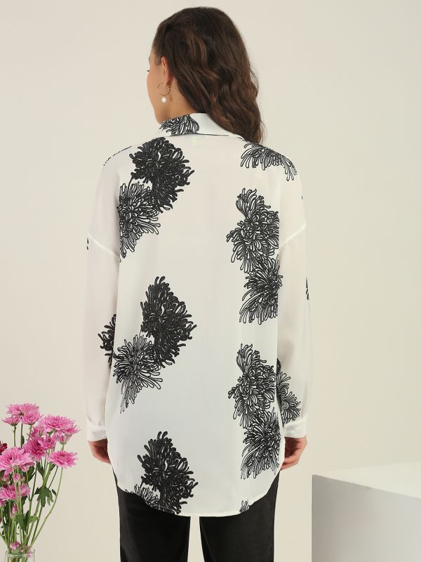 Globus Women White Floral Print Collared Neck Cuffed Sleeves Curved Hem Shirt