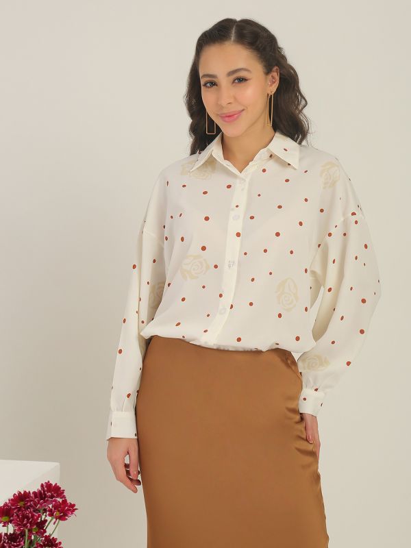 Globus Women Beige Polka Dots Collared Neck Cuffed Sleeves Curved Hem Shirt