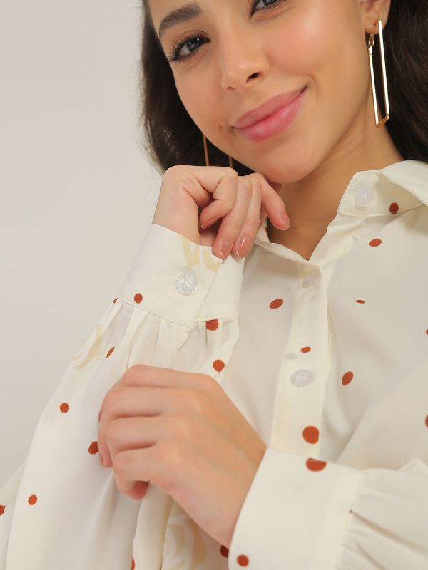Globus Women Beige Polka Dots Collared Neck Cuffed Sleeves Curved Hem Shirt